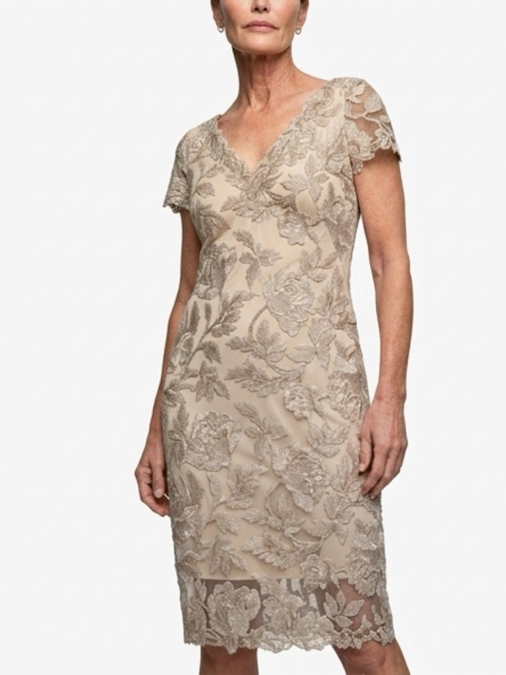 Tadashi Shoji Maci Gold Lace Sheath Dress | Size Medium | Elegant Formal Cocktai